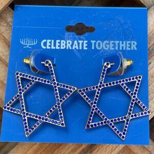 Hanukkah Gold Tone Star of David Earrings Blue Stone